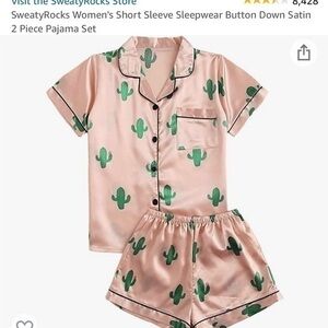 SWEATYROCKS WOMANS TWO PIECE CACTUS SATIN SHORT SLEEVE SLEEPWEAR SIZE MEDIUM